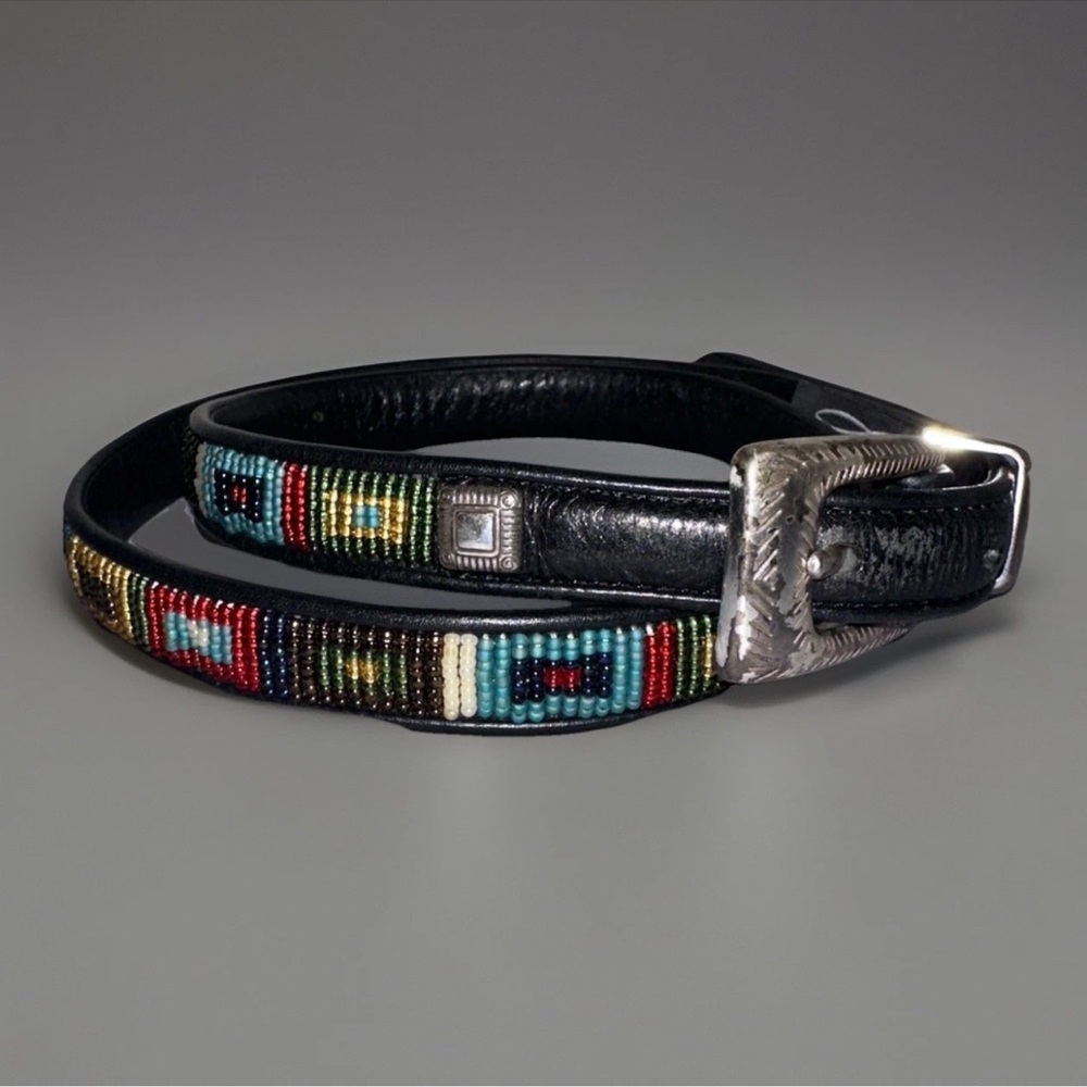 Vintage Brighton Black Leather Beaded Southwestern Style L Size 34 1990s Belt